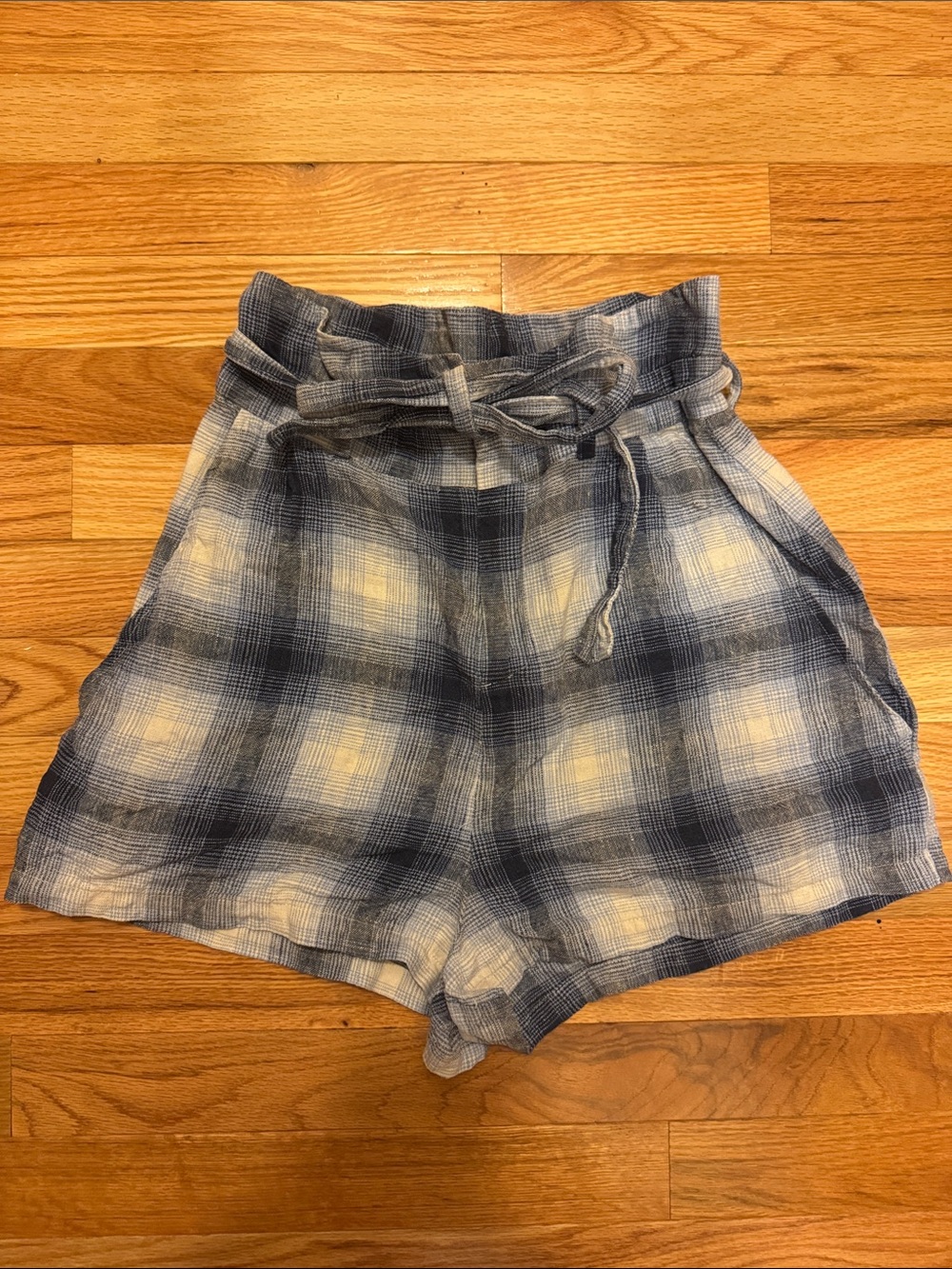 VINTAGE Reformation Blue Plaid Paperbag Waist Shorts with Tie